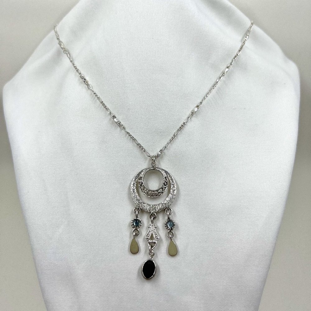 Vintage Inspired Silver Toned 20” Necklace with Jeweled Pendant